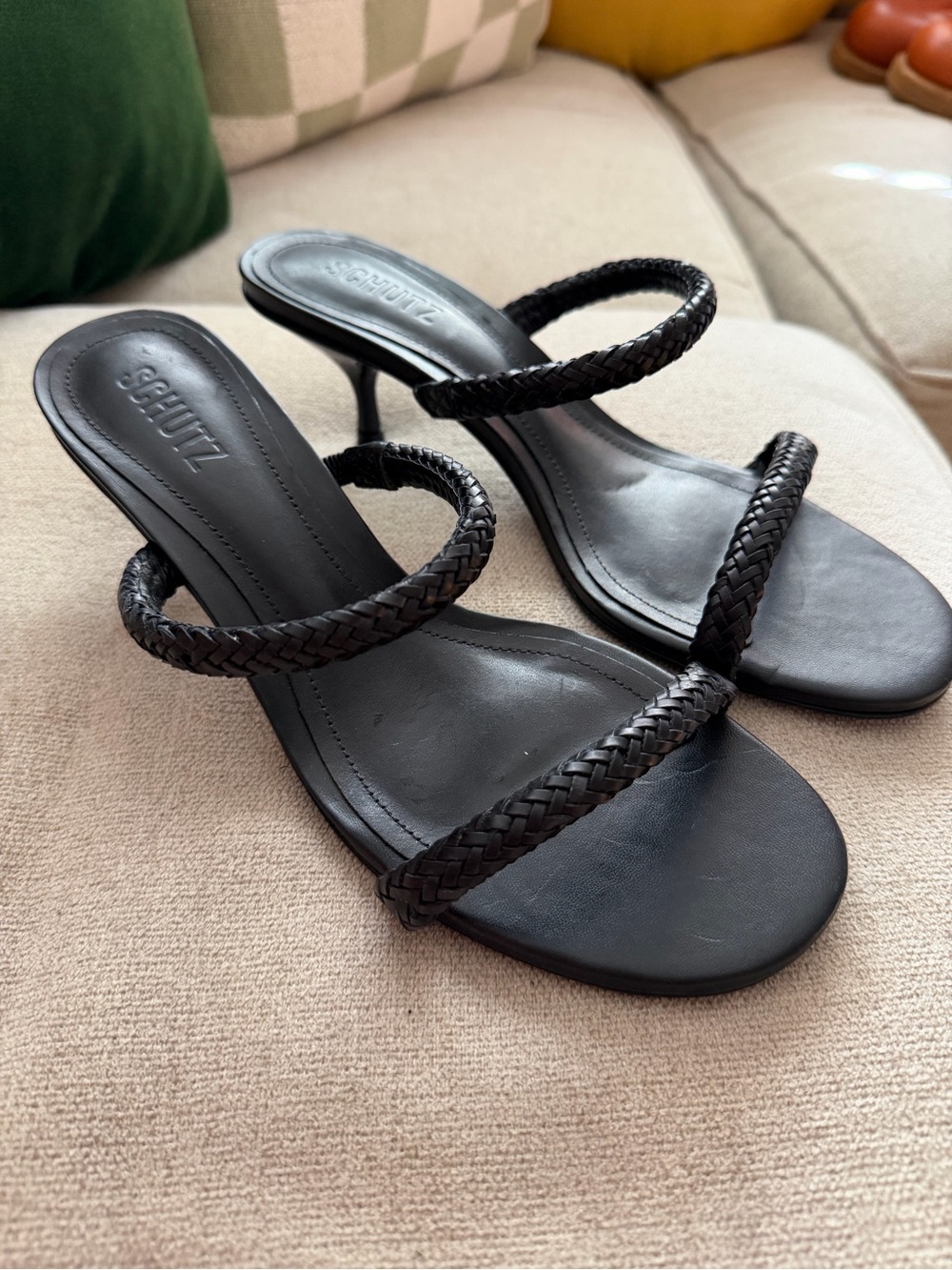 Schutz Taliah woven sandals black heels 8.5 NEW strappy Revolve $148